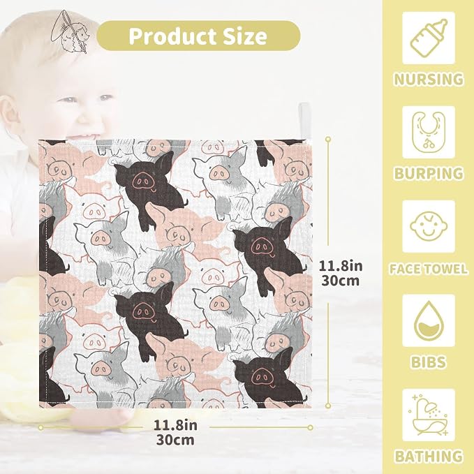 Baby Washcloths Cotton Ink Pigs Baby Muslin Washcloths Piglets Soft Baby Face Towel for Newborn Infants Baby Wipes, 11.8 X 11.8 Inch, 5 Pack