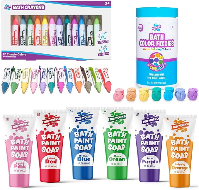 Tub Works® My Colorful Bath™ Kids Bath Set | Nontoxic | Fizzy Bath Color Tablets (150 Count), Smooth™ Bath Crayons (12 Pack) & Bath Paint Soap (6 Pack) | Creative Bath Toys for Toddlers & Kids