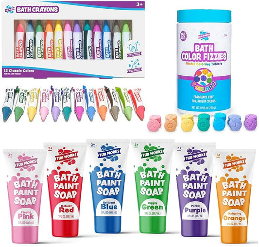 Tub Works® My Colorful Bath™ Kids Bath Set | Nontoxic | Fizzy Bath Color Tablets (150 Count), Smooth™ Bath Crayons (12 Pack) & Bath Paint Soap (6 Pack) | Creative Bath Toys for Toddlers & Kids