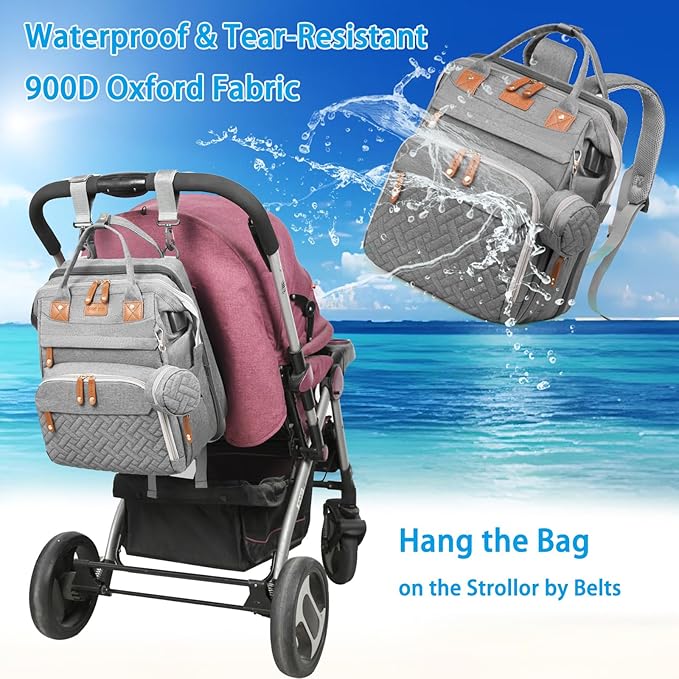 Jeryswet Baby Diaper Bags with Changing Station, Waterproof Large Capacity Diaper Bag Backpack for Moms Dads with USB Charging Port and Stroller Straps, Baby Shower Gifts, Grey
