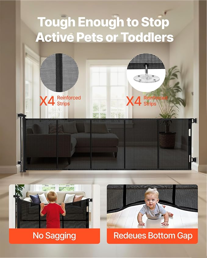 VEVOR Retractable Baby Gate, Extends to 122 inch Extra Wide, 31.3 inch Tall, with Reinforced Fiberglass Strips, Avoids Crawling Through, Mesh Dog Gate for Decks, Doorways, Garages, Indoor, Black