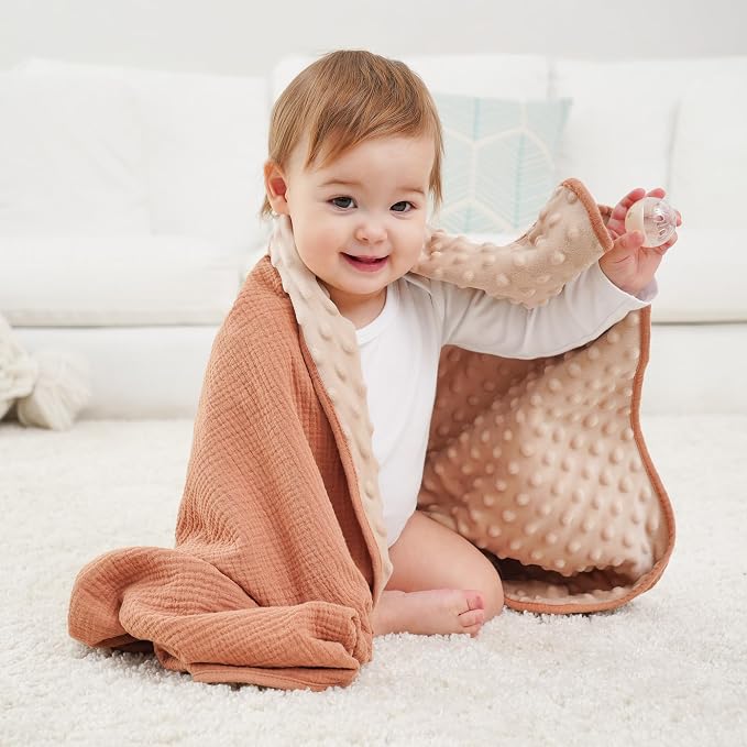 Susurration Baby Blanket for Unisex Boys Girls, 2 Pack Soft Fluffy Crib Blankets with Muslin Cotton Front and Dotted Fleece Back, Receiving Blanket for Baby Newborn Infant, 30x40in, Beige Sun&Brown