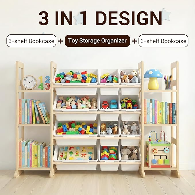 Kiddocood Kids Toy Storage Organizer with 12 Bins, 100% Solid Wood - Natural Finish Montessori Toy Organizer, BPA Free, CPC-Certified Playroom Organization for Living Room & Nursery, 52.3"