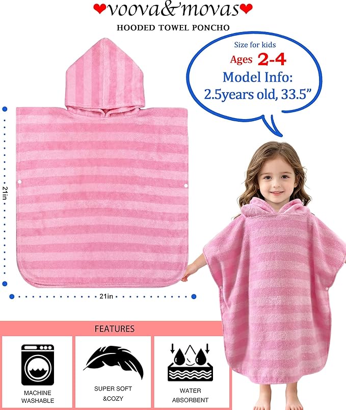 Toddler Beach Towels with Hood, Oversized (2-4Years,21"X21") Made from 100% Soft Cotton,Absorbent Hooded Poncho Towel for Baby Girl,Perfect for Pool | Swimming | Bath | Beach,Jacquard Pink Stripe
