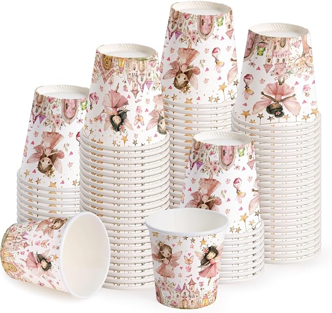 WRAPAHOLIC 3oz Fairy Birthday Paper Cups - 100 Pack Disposable Bathroom Cups with Flower Fairy Castle Design, Small Mouthwash Cup for Toothbrush Rinse, Home Bathroom and Baby Girls Shower