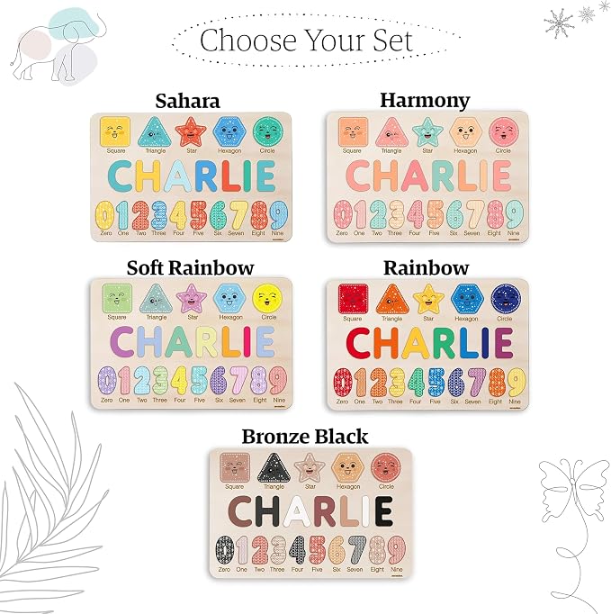 Wooden Name Puzzle Personalized with Numbers & Shapes for Kids 1-3 | 11 Color Themes | Handmade Montessori Toy, Keepsake Decor & Ideal 1st Birthday Gift