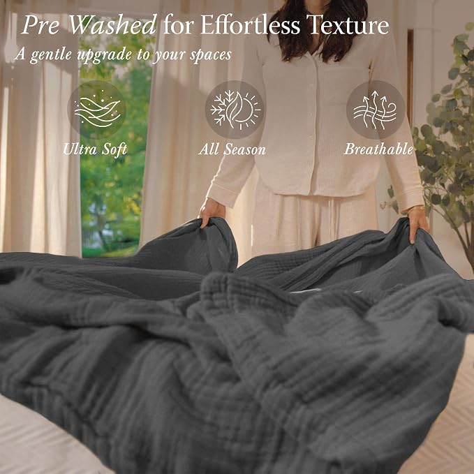 Threadmill Muslin Blanket for Queen Size Bed | 4 Layer 100% Cotton Gauze Blankets | Soft, Breathable and Cozy Bed Throw for All Seasons | Pre Washed, Lightweight Blanket Fits Full Size Bed | Dark Grey