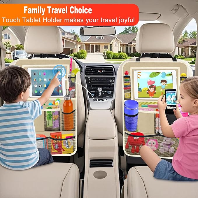 Car Backseat Organizer ï¼? Pack Car Organizer Back Seat with 11" Tablet Holder, 10 Storage Pockets Seat Back Protectors Kick Mats for Kids Toddlers, Travel Accessories (Beige)