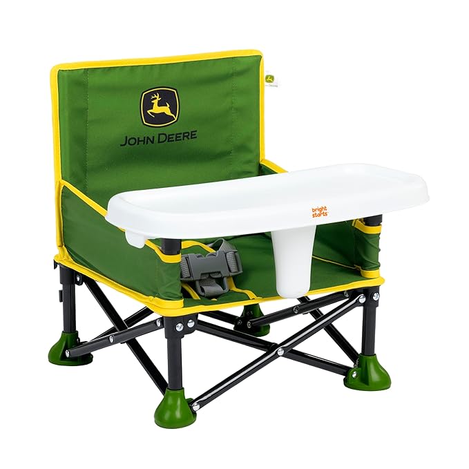 Bright Starts John Deere Pop 'N Sit Portable Booster Chair, Floor Seat, Indoor/Outdoor Use, Compact Fold, Green and Yellow, 6 Mos - 3 Yrs