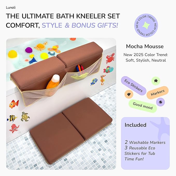 Baby Bath Kneeler and Elbow Rest Pad Set ??1.8??Thick 2025 Color of the Year Mocha Mousse Memory Foam Kneeling Pad & Elbow Cushion with 6 Suction Cups, 4 Mesh Pockets, Waterproof & Machine Washable