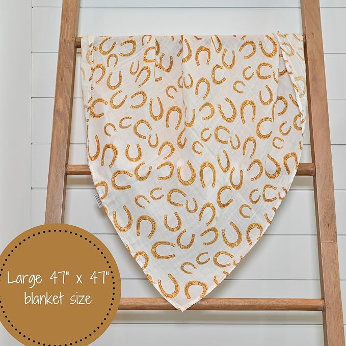 LollyBanks Baby Blankets, 100% Muslin Cotton Swaddle Blanket for Boys, Large 47 x 47 Inches Newborn Swaddle, Soft and Breathable Baby Receiving Blankets, Baby Essentials, Registry (Horseshoe Print)