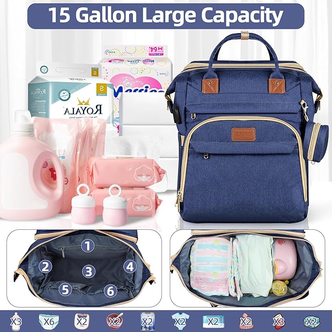 ZRSUN Baby Diaper Bag Backpack,Baby Shower Gifts, Multifunctional Travel Diaper Bag, Gifts for Mom with Portable Diaper Pad (Blue)