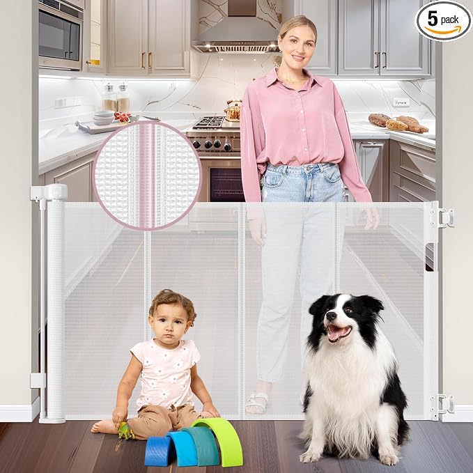 56 Inch Wide Retractable Dog Gate with Reinforced Strip, Retractable Baby Gate for Stairs to Prevent Crawling Under, Retractable Pet Gate for Stairs, Dog Gates for Doorways Mesh Gate for Pets, White
