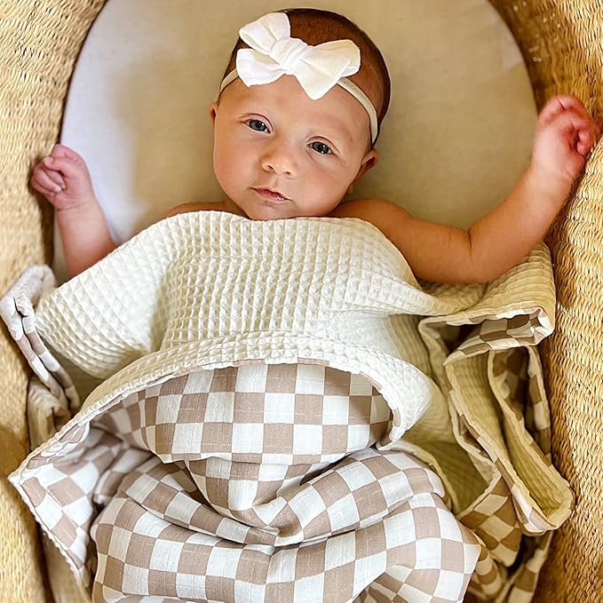LifeTree Waffle Baby Blankets, Muslin Checkered Swaddle Blankets for Boys Girls, 2 Layers Crib Stroller Blanket Receiving Blanket with Muslin Front and Waffle Backing Infant Newborn