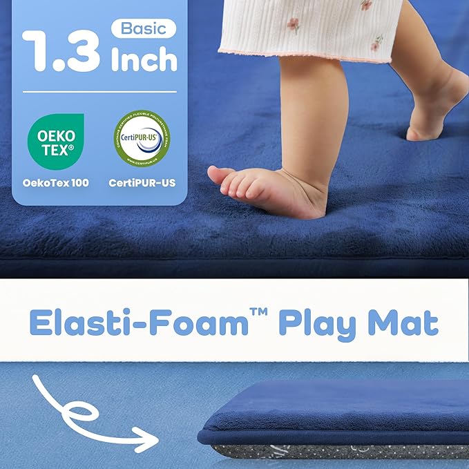 1.3" Thick Baby Floor Play Mat 59x79, Basic Padded Foam Mat for Tummy Time Crawling, Non Slip Cushioned for Babies Toddlers Infants Kids (Blue)