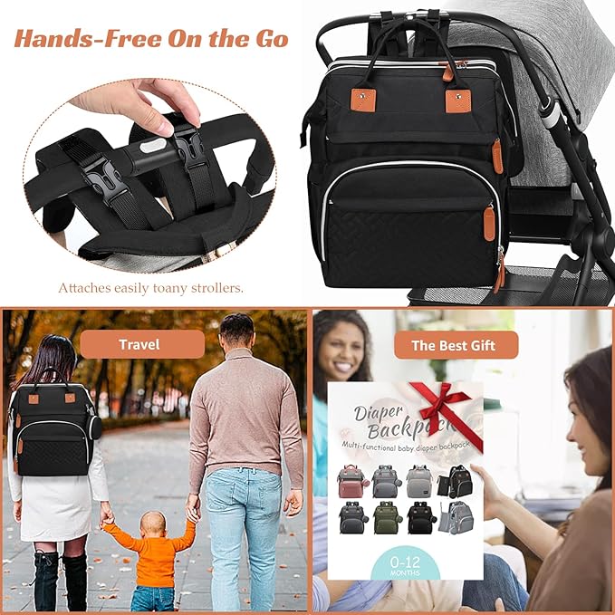 Diaper Bag Backpack for New Parents, Large Capacity Baby Travel Bag with Bottle Holders, Multiple Compartments (Black)
