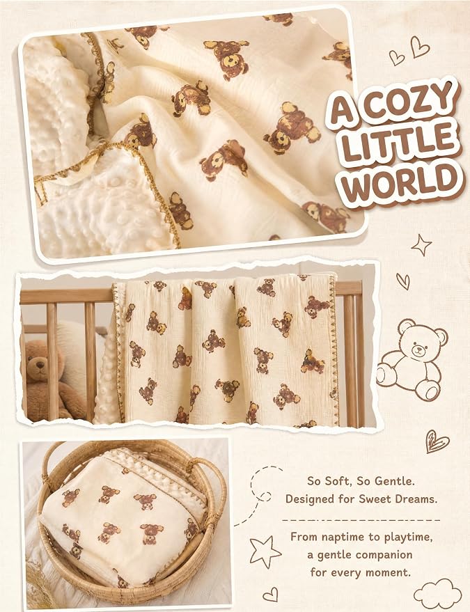 Baby Blanket 40x40 Inches,Muslin Cotton and Minky Dotted Double Layer Soft Receiving Blanket for Newborn Toddler,Cuddle Bear