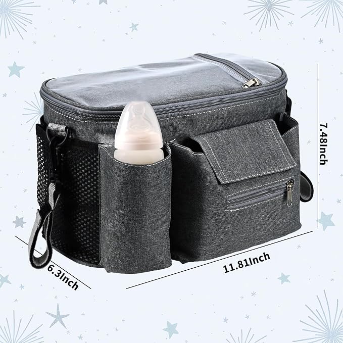 Stroller Organizer with Insulated Cup Holders - Universal Stroller Caddy Bag Fits for Uppababy, Baby Jogger, Nuna - Detachable Shoulder Strap & Large Storage for Diapers, Wipes (Grey)