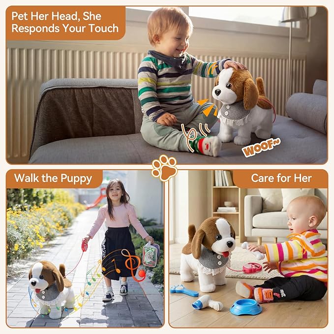 Talkfun Interactive Plush Puppy Toys for 1,2,3 Year Old Boy Girl Gifts, Musical Walking Dog with Leash, Realistic Pet Play Toy for Toddlers 1?? Age, Soft Stuffed Electronic Puppy with Accessories