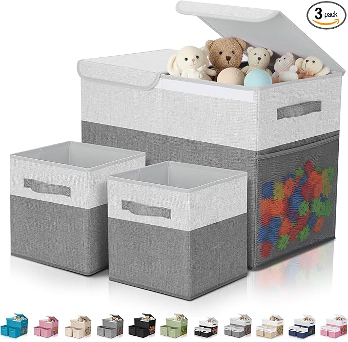 3 Pack Large Storage Bins Set 23" Toy Chest Storage with Lids and 11" Cubes Organizer Bins for Kids Bedroom Closet Shelf Organizer for Clothes Blankets Nursery Playroom(Grey White)