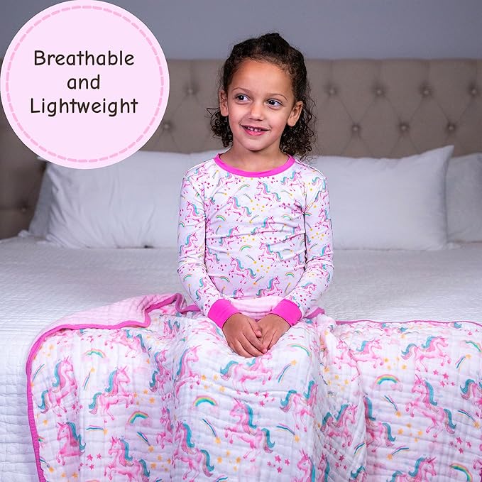LollyBanks Baby Blanket, 100% Organic Cotton Muslin Baby Quilt for Girls, Large 47 x 47 Inches, 6 Layers Soft and Breathable Toddler Blanket, Cozy Newborn Nursery Blankets, Registry (Unicorn Print)