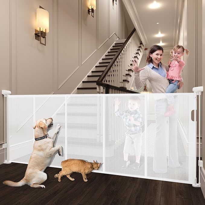 Retractable Baby Gates Dog Gate for Stairs, 100" Wide Retractable Gate Mesh Pet Gate, 41" Extra Tall Child Safety Gate with Fiberglass Rods for Stairways, Doorways, Hallways, Indoor/Outdoor