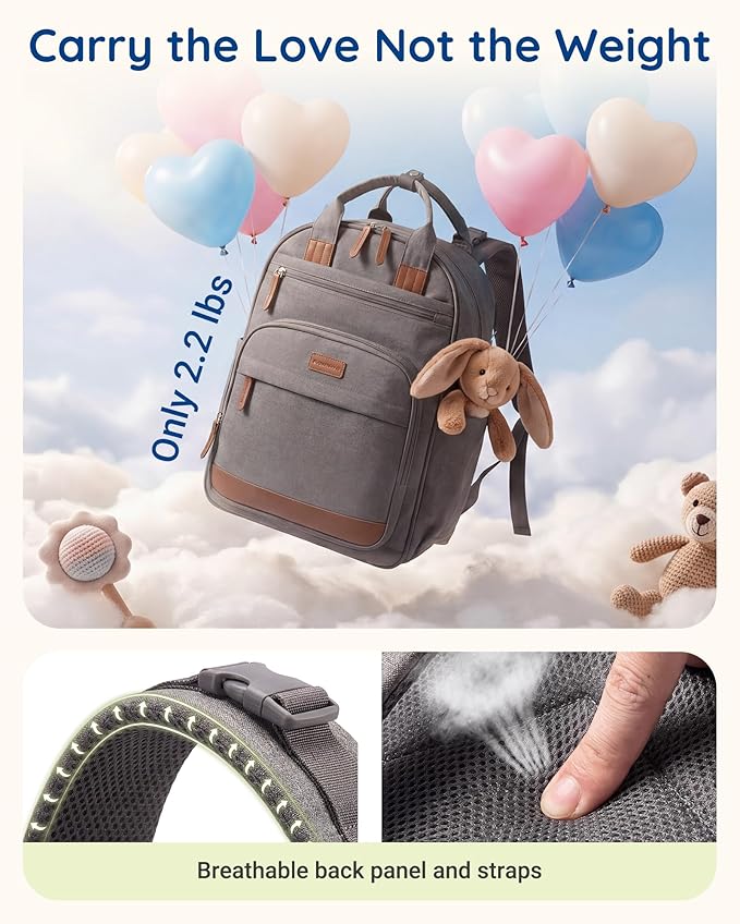 mommore Diaper Bag Backpack with Waterproof Changing Pad, Insulated Bottle Holders & Pacifier Case, Baby Diaper Bag with 2 Organizer Pouches, Stroller Straps, Gray White
