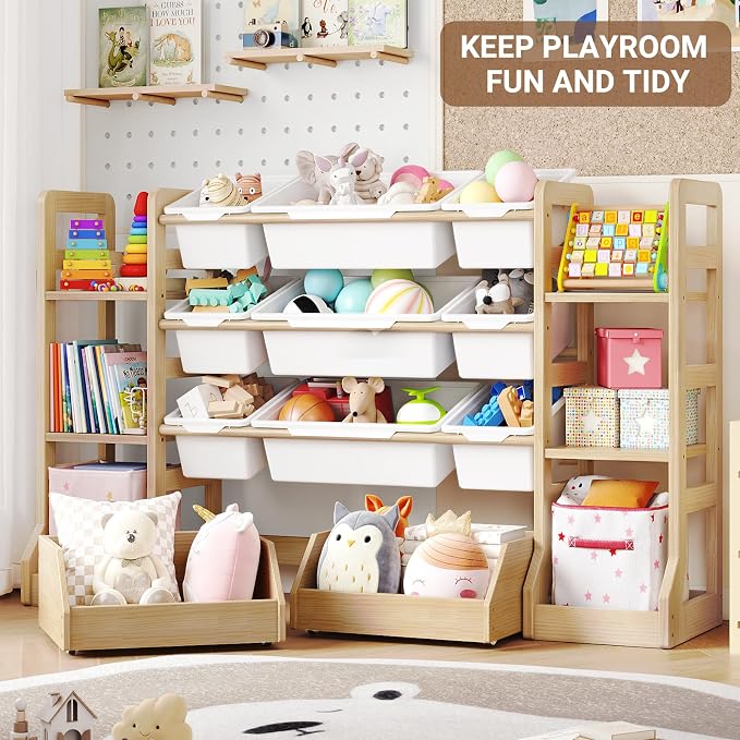 Kids Toy Storage Organizer with Bookshelf, Wooden Toy Shelf with 6 Shelves and 9 Bins and 2 Wheeled Drawers, Extended Base Storage Cabinet for Playroom, Kids Room, Nursery Organization