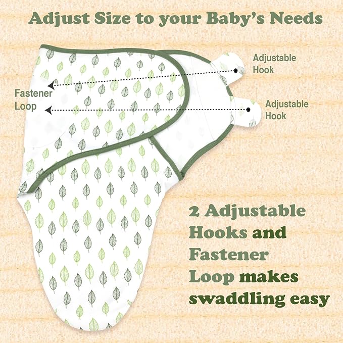 Swaddles for Newborns – 3-Pack Infant Swaddles 0-3 Months – Adjustable Swaddle Sleep Sack – Soft Organic Cotton Baby Wrap for Safe & Cozy Sleep (Green Leaf)