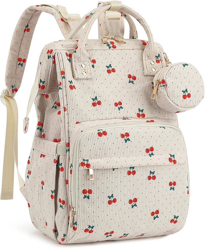 Corduroy Diaper Bag Backpack, Large Capacity Multifunction Baby Diaper Bags for Women, Insulated Bottle Pockets & Pacifier Case, Stylish Travel Nappy Changing Bags for Mom Dad (Cherry)
