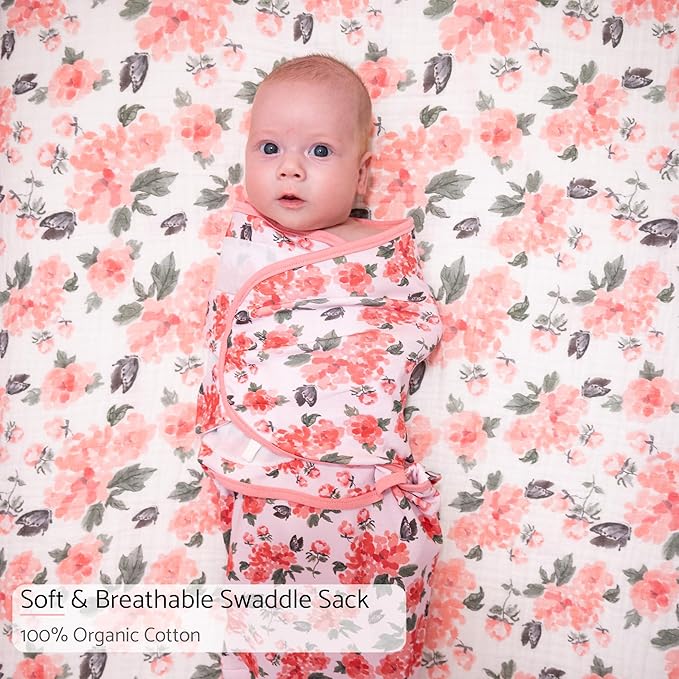 LollyBanks Swaddle Sacks, 100% Cotton Baby Girls Sleep Sack, 3-6 Months Swaddle for Girls with Easy Change Zipper, Newborn Sleep Bag Nursery Swaddling Blankets (Pink Peony Print)