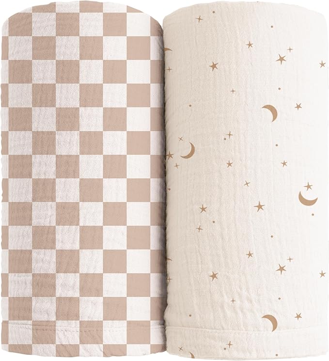 Konssy Muslin Swaddle Blankets for Girls Boys 2 Pack, 100% Cotton Receiving Baby Blanket Large 47 x 47 inches, Soft Breathable Swaddling Wrap for Unisex Newborn (Coffee Check,Moon)