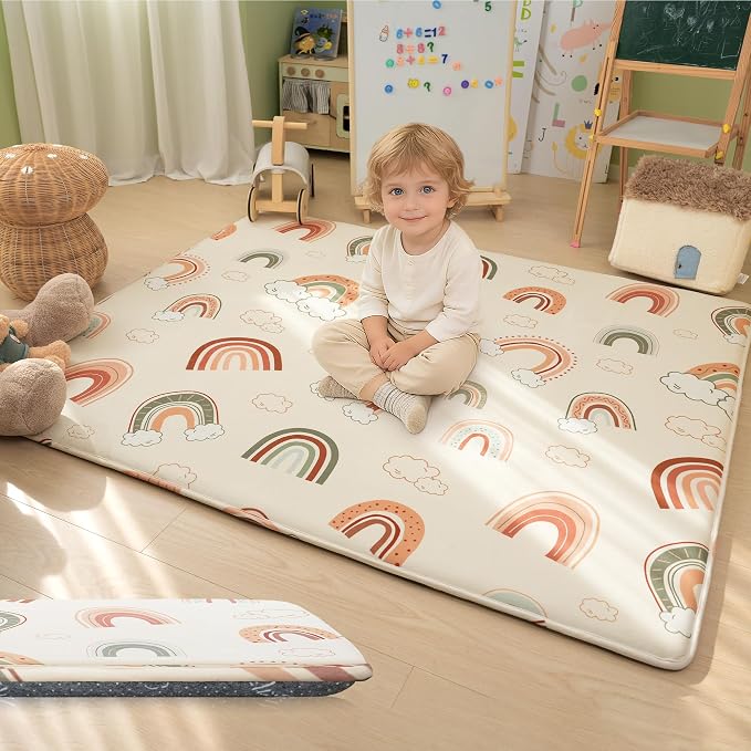 1.5" Thick Premium Baby Floor Play Mat, 71x79 Over-Sized Padded Memory Foam Mat, Tummy Time Crawling Playmat for Nursery Kids Playroom, Rainbow
