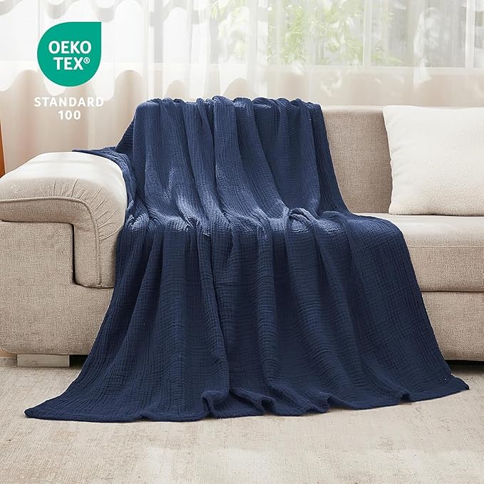 EMME Cotton Muslin King Blanket Big Oversized Bed Layering Bedspread Coverlet Breathable Gauze Soft Lightweight Blankets (Navy, 120"x94")