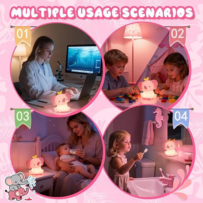 Ammonite Pink Elephant Night Light, Soft Silicone Elephant Nursery Lamp with 2 Dimming Levels and 20-Minute Timer, Touch Control Nightlight for Bedroom Decor, Christmas Birthday Gift