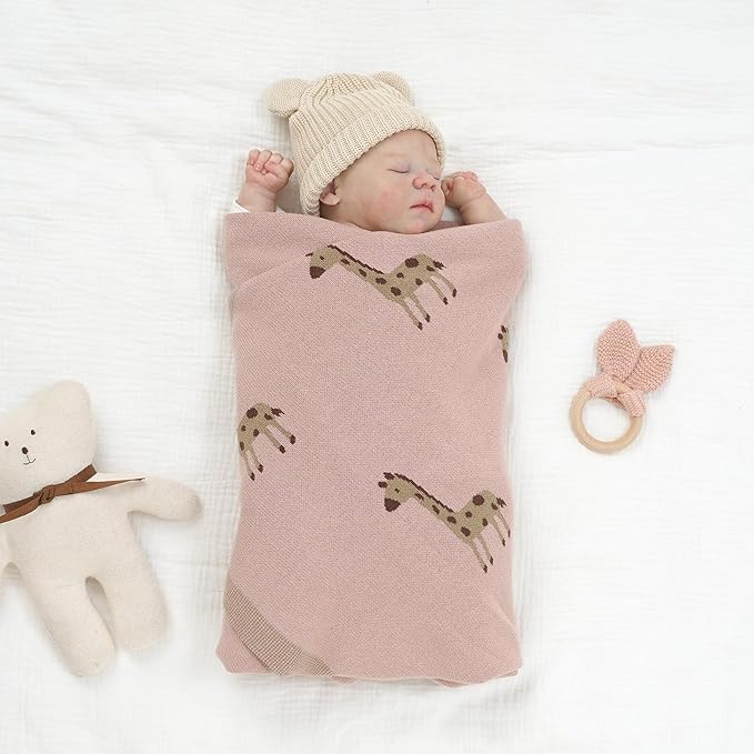 Opewod Soft Cotton Knit Baby Blanket with Cute Deer Print 40x30in Newborn Receiving Blanket Swaddle Cuddle Blanket for Crib, Stroller, or Nursery for Infants & Toddlers Pink