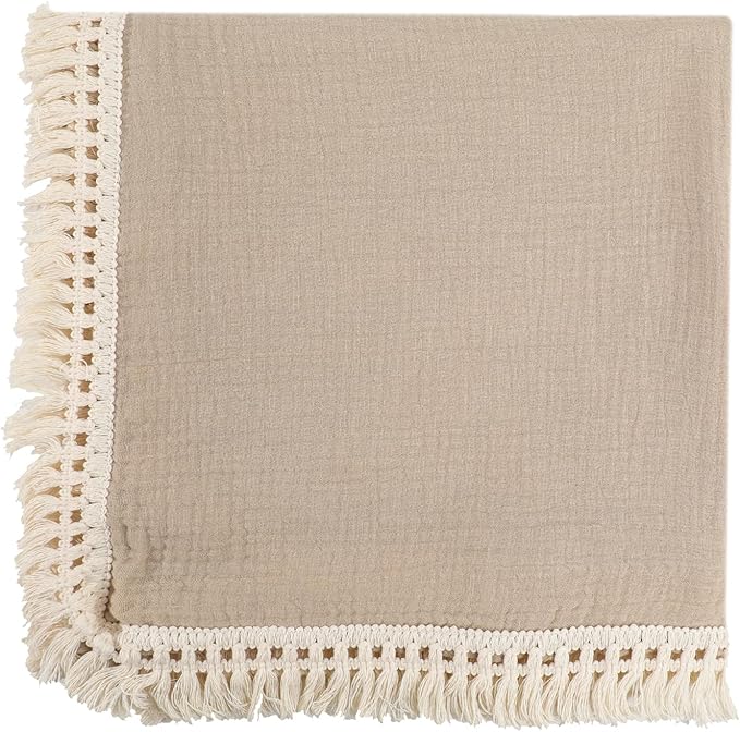 Cotton Muslin Baby Blanket with Tassel,Bunny Lovey Security Blanket,Soft Breathable Nursery Decor,Nursing Cover for Newborn Infant Toddler 47"x47"(Beige)
