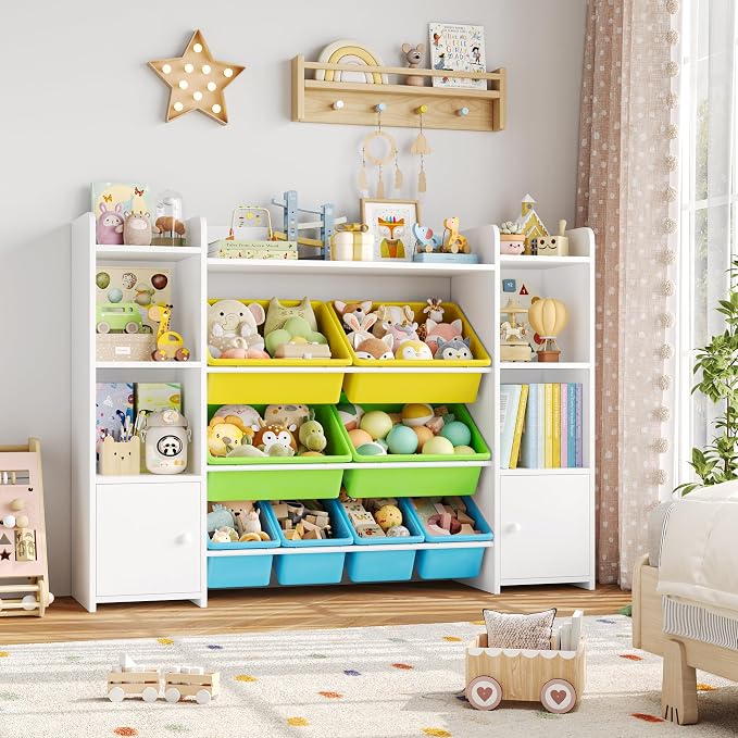 FOTOSOK Toy Storage Organizer with 8 Toy Bins, Toy Organizer Kids Bookshelf with 6 Storage Cubbies, Stuffed Animal Storage Organizer, Playroom Storage and Toy Chest, White/Green