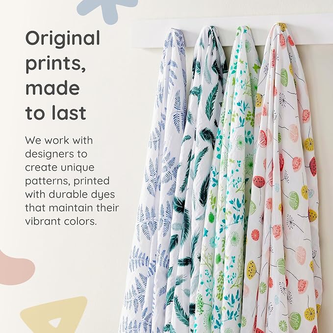 Margaux & May Organic Muslin Baby Swaddle – 100% Organic Cotton, Large 47” x 47” Newborn Swaddle, Soft & Breathable Muslin Swaddle Blanket, Blue Fern and Green Feather