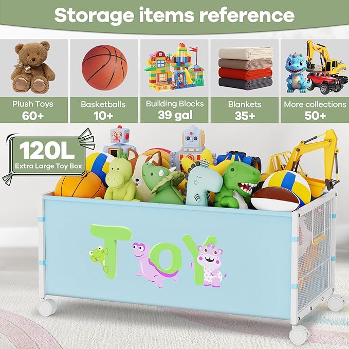 Large Toy Box with Wheels, 120L Toy Boxes for Extra Large Metal & Oxford Cloth Toy Chest Toy Organizer with Wooden Handle for Bedroom, Living Room Area, Stuffed Toys, Clothes(Blue, 1PC)