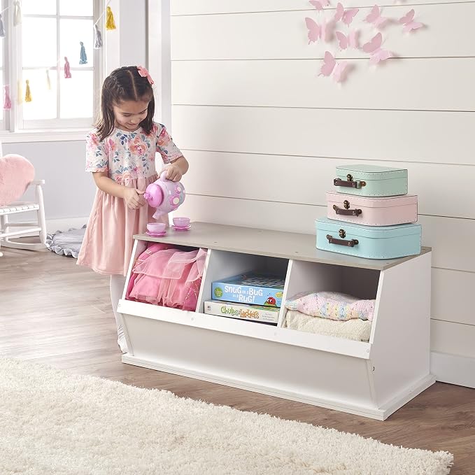 Badger Basket 3-Bin Stackable Toy Storage Cubby Organizer, Modular Space-Saving Storage for Toys, Blankets, Crafts, Playroom, Bedroom, or Living Room – White & Light Gray
