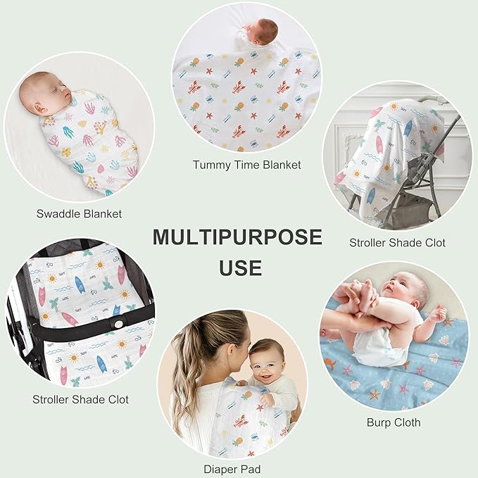 Muslin Swaddle Blankets for Newborn, 4 Pack Large 47"x47" Soft Breathable Bamboo Cotton Baby Blanket, Lightweight Receiving Blanket for Boys and Girls, Ocean Adventure
