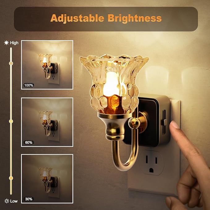 JandCase Night Light, Floral Night Lights Plug into Wall, Glass Flower LED Nightlight, 0-100 LM Dimmable Nightlights with Light Sensor, 1W Vintage Nite Light for Bathroom Hallway Gift Vanity Decor