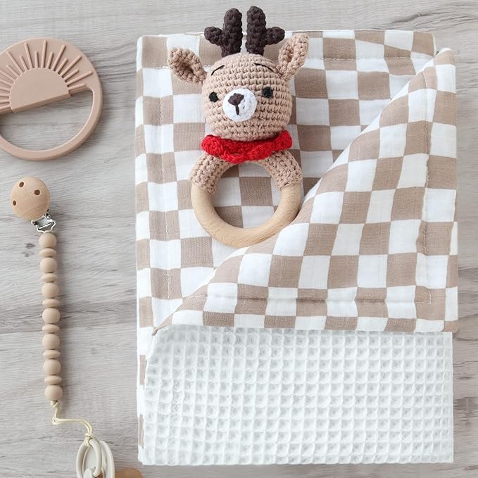 LifeTree Waffle Baby Blankets, Muslin Checkered Swaddle Blankets for Boys Girls, 2 Layers Crib Stroller Blanket Receiving Blanket with Muslin Front and Waffle Backing Infant Newborn