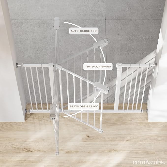 Comfy Cubs Baby Safety Gate with 3 Extensions - Adjustable 42" x 1.9" x 30" Q195 Steel Doorway Barrier - Powder-Coated Finish for Stairs and Doorways - Walk-Through Design Pet Gate - White