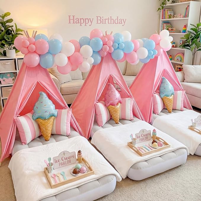 Wilwolfer Pink Sleepover Teepee Tent for Kids-2 Pack Tipi Playhouse for Kids with Lights& Flag& Inflatable Airbed -Indoor/Outdoor Foldable- Slumber Party Tent -Sleepover Party Supplies