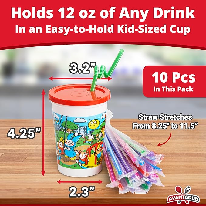 Leakproof 12oz Kids Party Cups With Lid and Straw 10Pk. Super Durable and Dishwasher-Safe With BPA Free Material is Reusable or Take and Toss! Great for Child Birthday Parties Travel or Bathroom Cup.