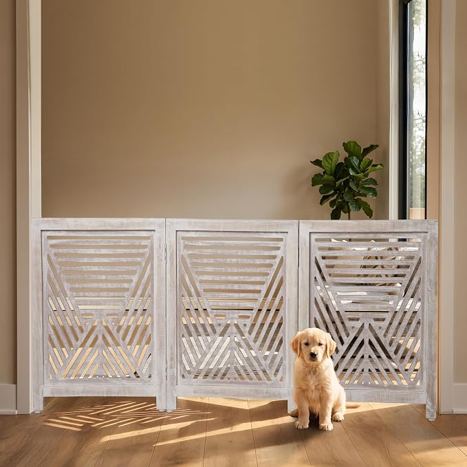 Lightnpro Geometric Wooden Dog Gate - Stylish Freestanding Foldable Indoor Pet Barrier, Extra-Wide Safety Gate for Dogs & Small Pets, Perfect for Stairs & Entryways - 24x54 Inch White Wash Finish