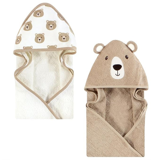 Hudson Baby Cotton Animal Face Hooded Towel, Tan Bear, One Size