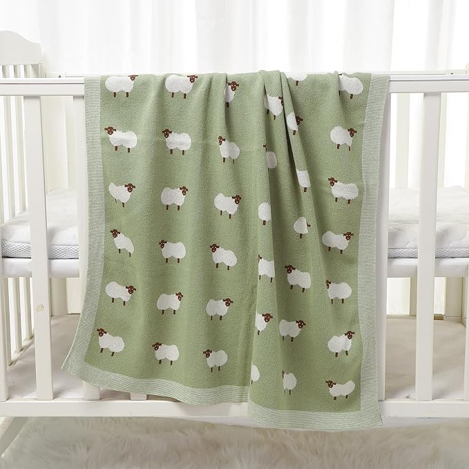 Hadetoto 100% Cotton Baby Blanket Knit Soft Cozy Swaddle Receiving Blankets Toddler Infant Blanket with Lovely Sheeps for Newborn Boy Girls - Light Green, 90 x 70cm
